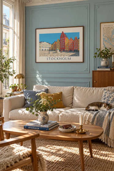 Affiche façades colorées de Stortorget dans Gamla stan à Stockholm : encadrée au mur