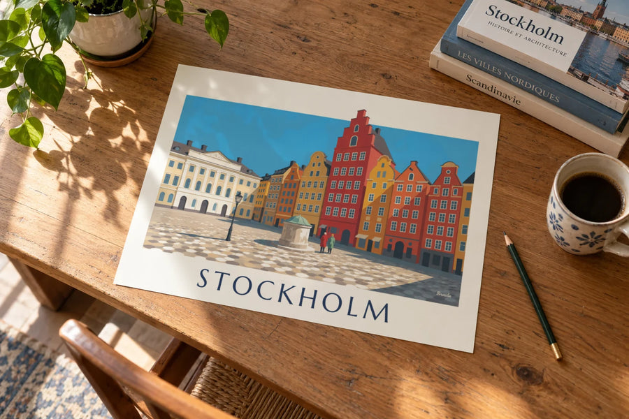 Plakat kolorowe fasady Stortorget na Gamla stan w Sztokholmie: na stole