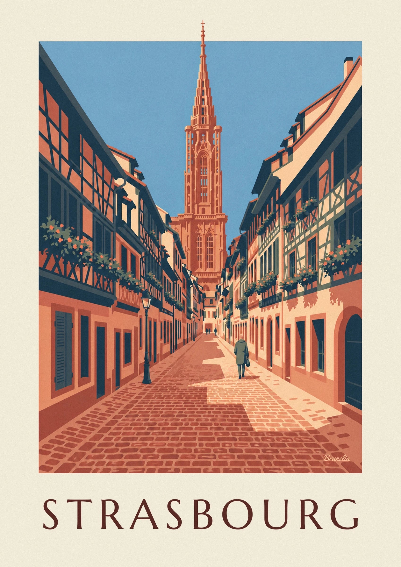 La flèche orangée de la cathédrale de Strasbourg sur un ciel bleu