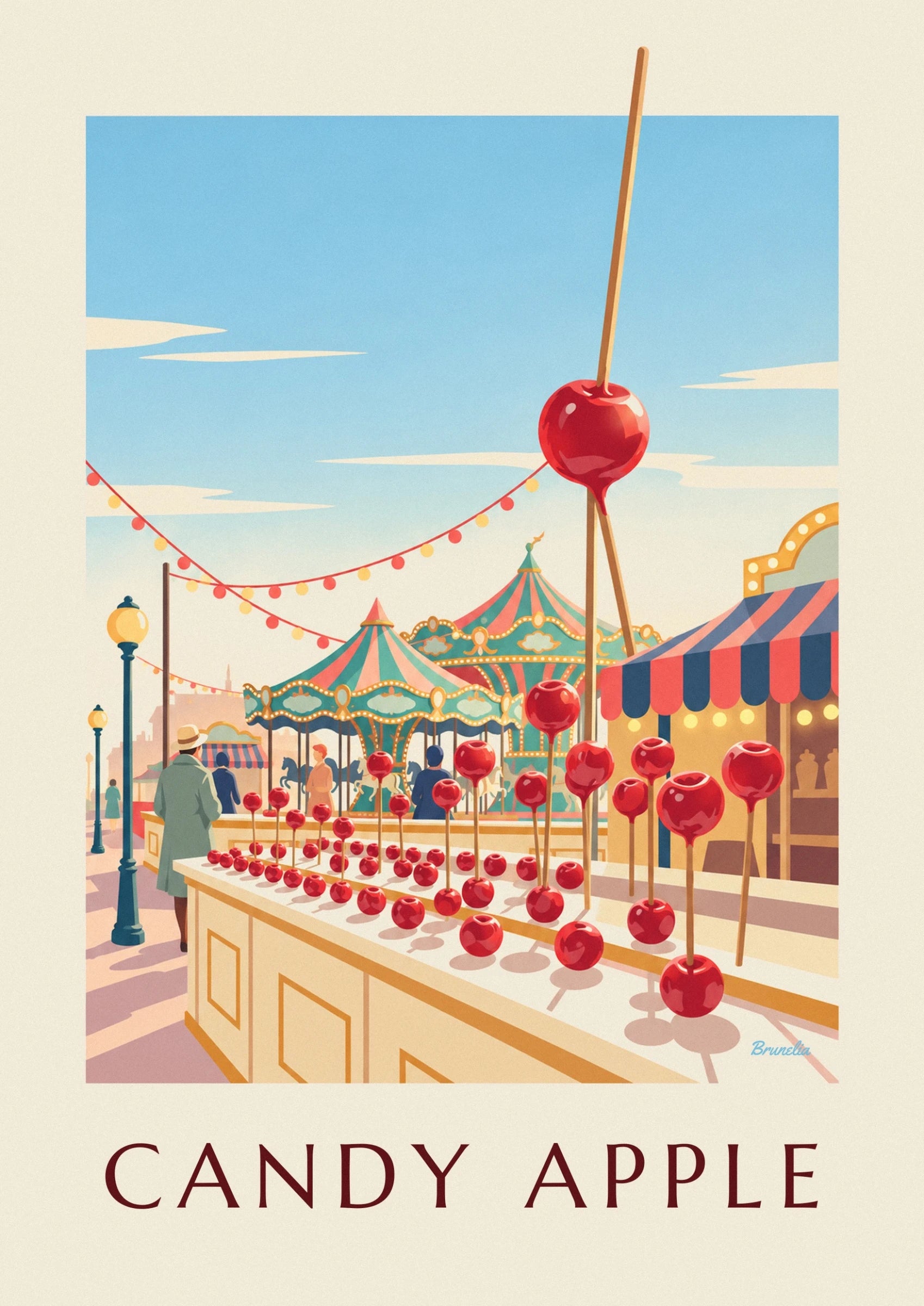 Une pomme d'amour rouge brillante sur son bâton, devant le ciel bleu et les guirlandes