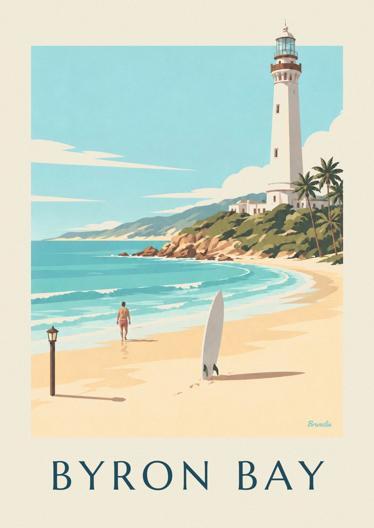 Byron Bay surfboard and lighthouse in Australia poster