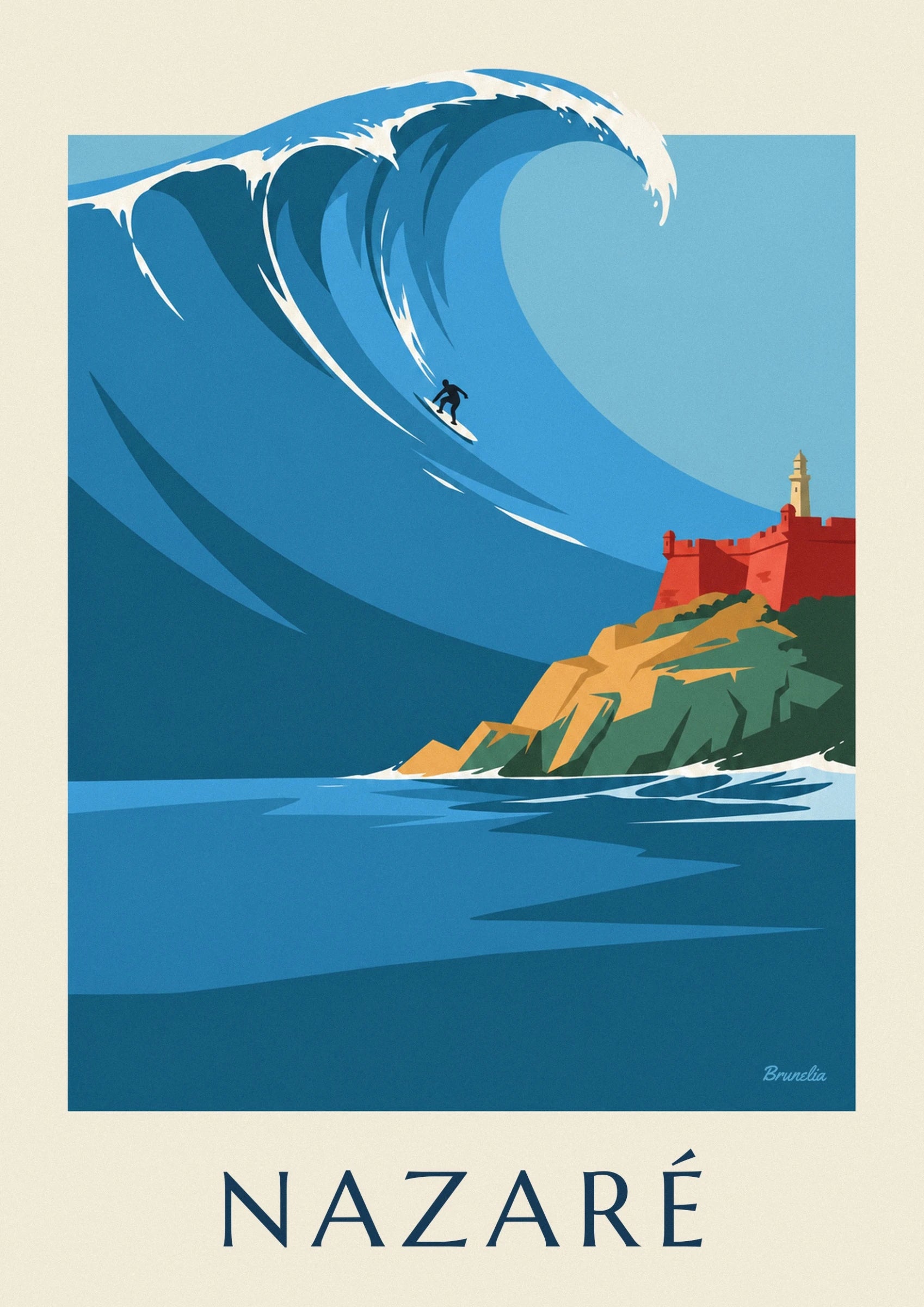 The red fort of Nazaré and its yellow lighthouse above ochre and green rocks