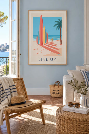 Surfboards lined up on the beach poster: framed on the wall