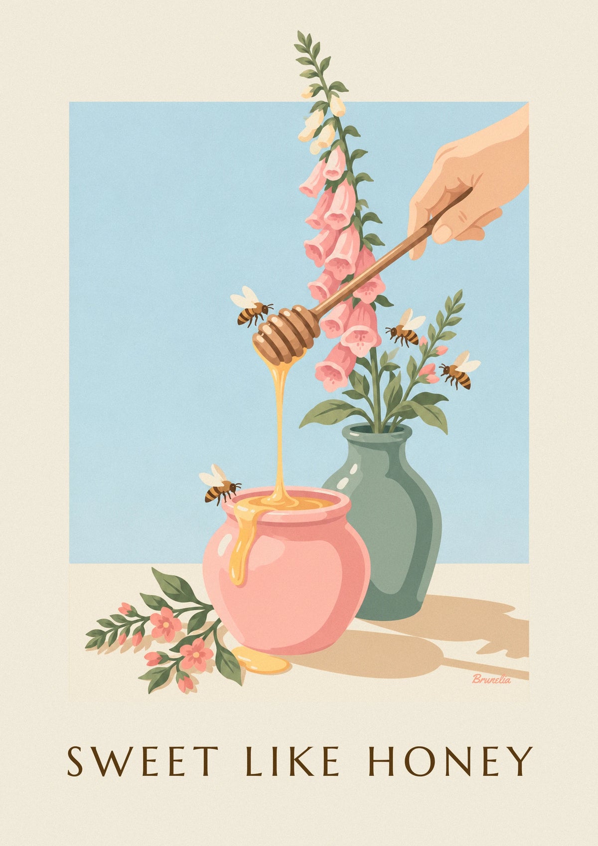 Golden honey jar, wooden dipper and bees poster