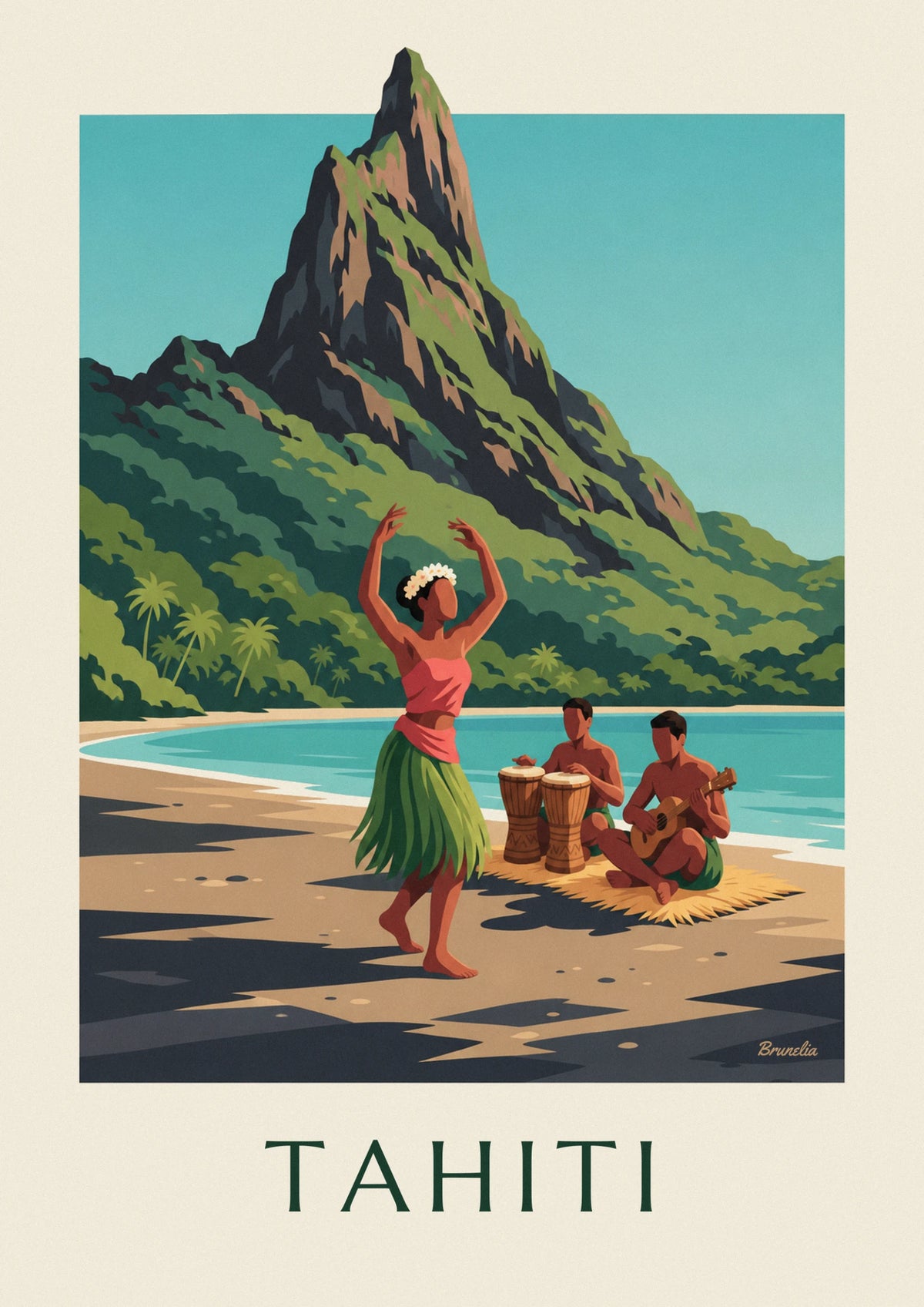 Affiche danseuse tahitienne et musiciens sur une plage de Tahiti