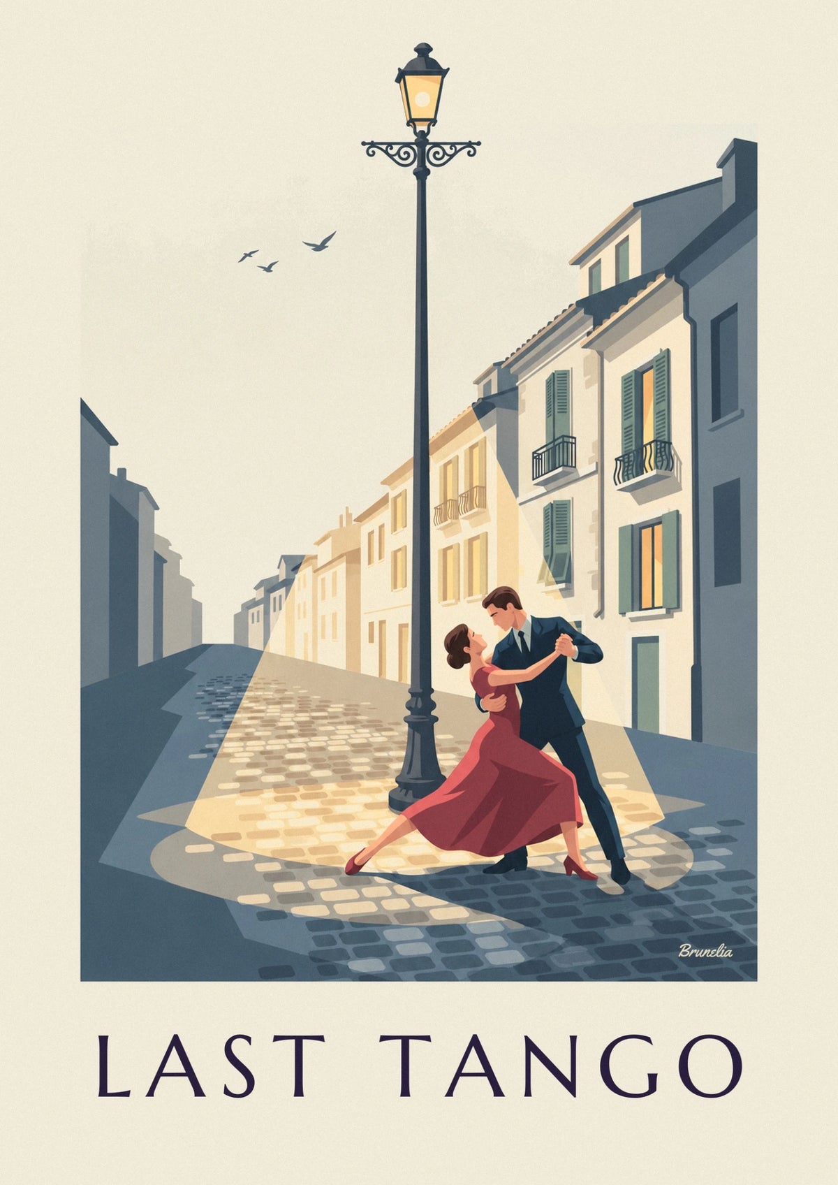 Couple dancing tango under a streetlamp poster