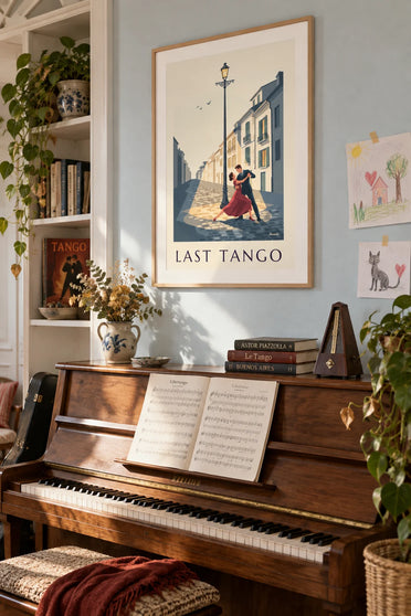 Plakat z parą tańczącą tango pod latarnią: plakat w ramie na ścianie