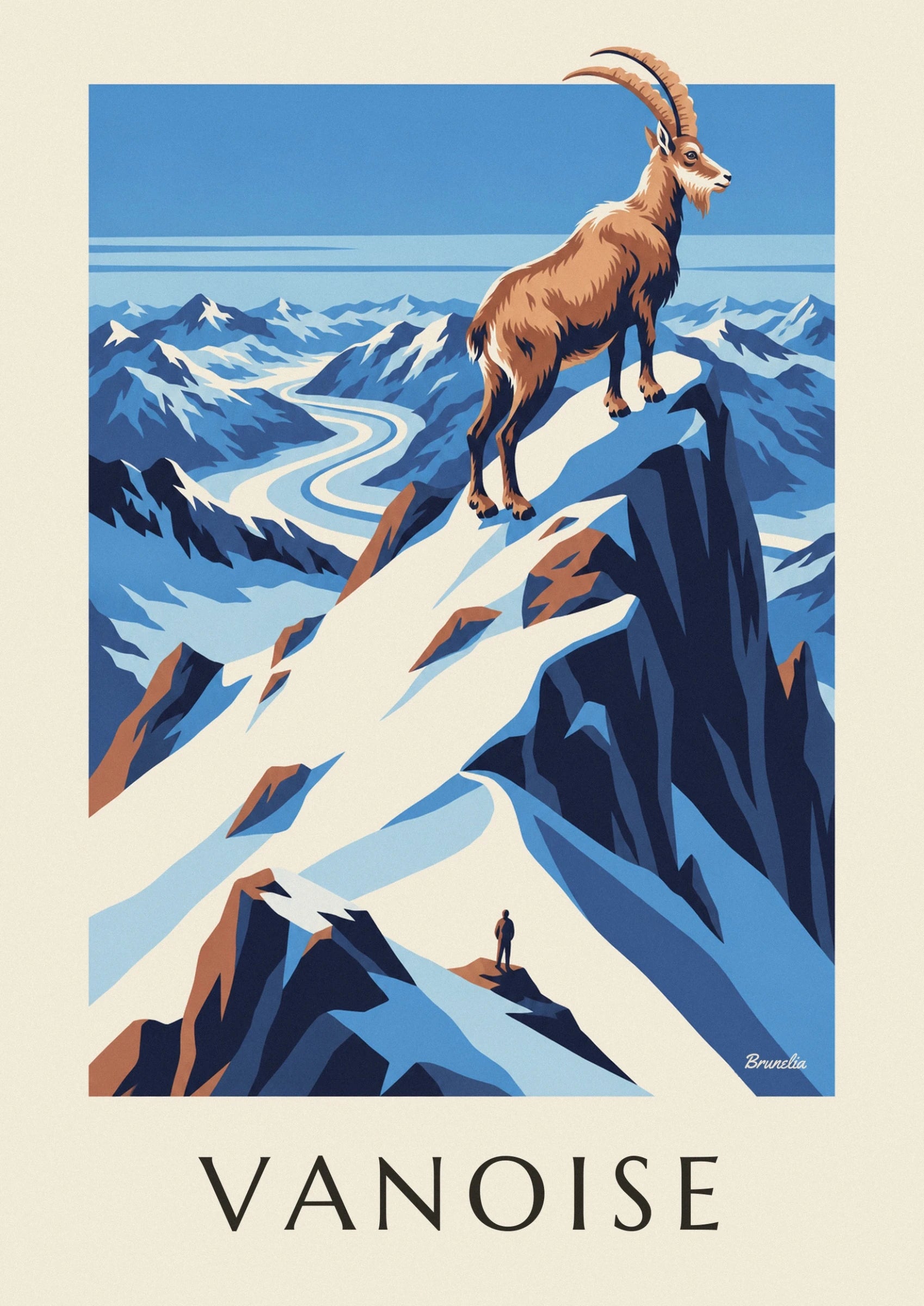 Le bouquetin aux longues cornes recourbées sur un sommet enneigé de la Vanoise
