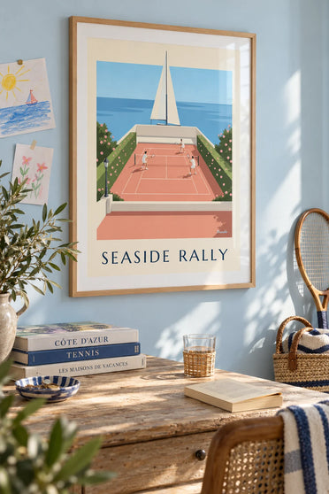 Poster of a clay tennis court on a terrace overlooking the sea: framed on the wall