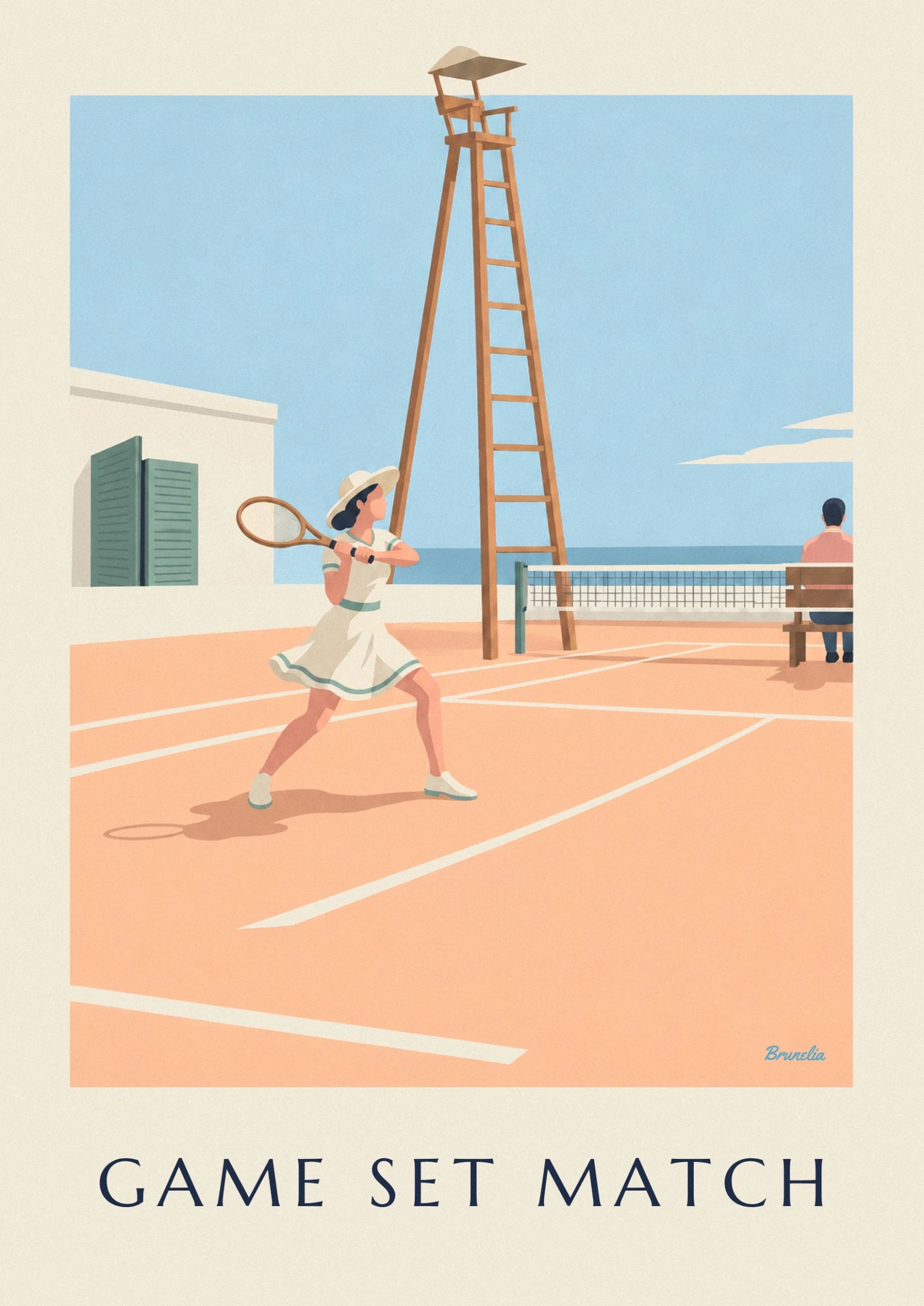 The player in a fitted cream dress and hat holding her racket in both hands