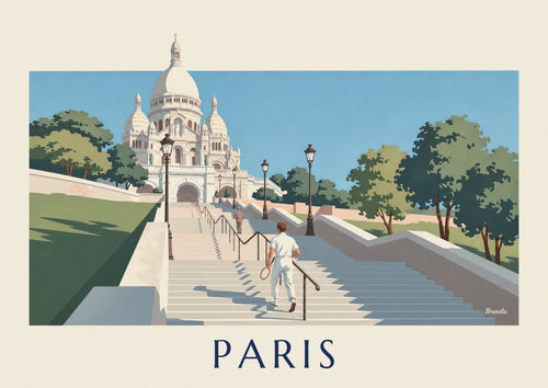 Tennis player climbing the steps of Sacré-Cœur poster: the full poster