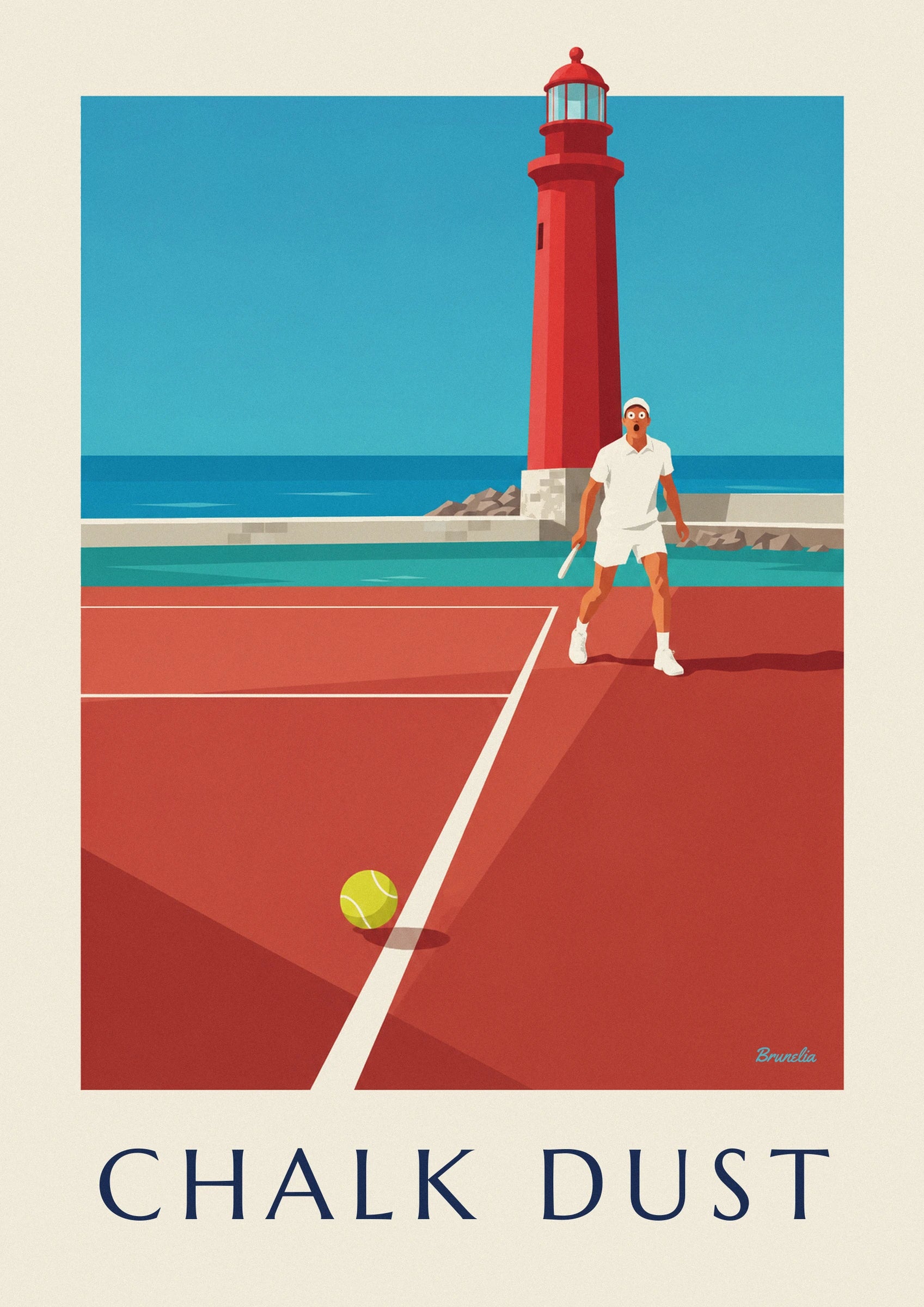 La balle de tennis jaune au bord de la ligne blanche sur le court rouge