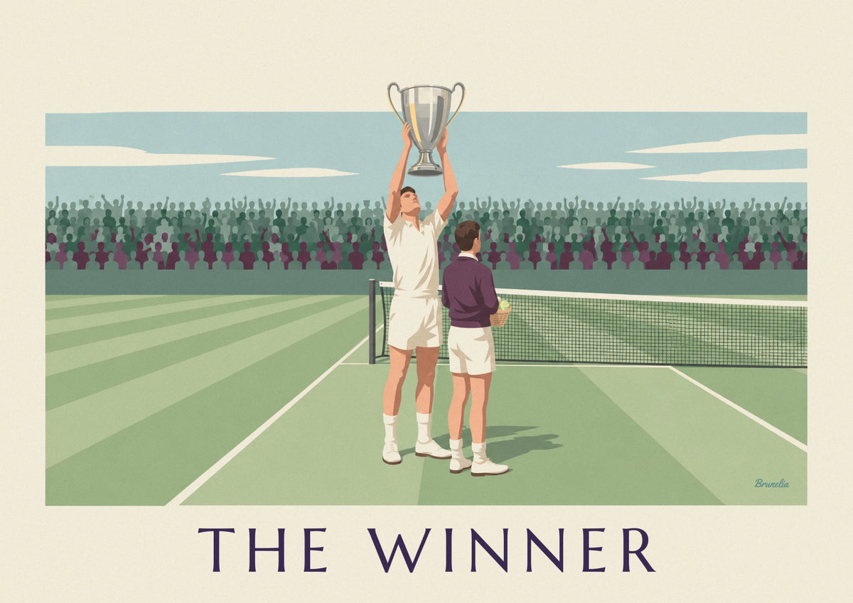 Tennis champion raising silver cup poster