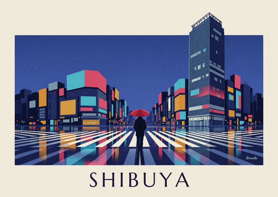 Plakat przejście dla pieszych w Shibuya nocą w deszczu