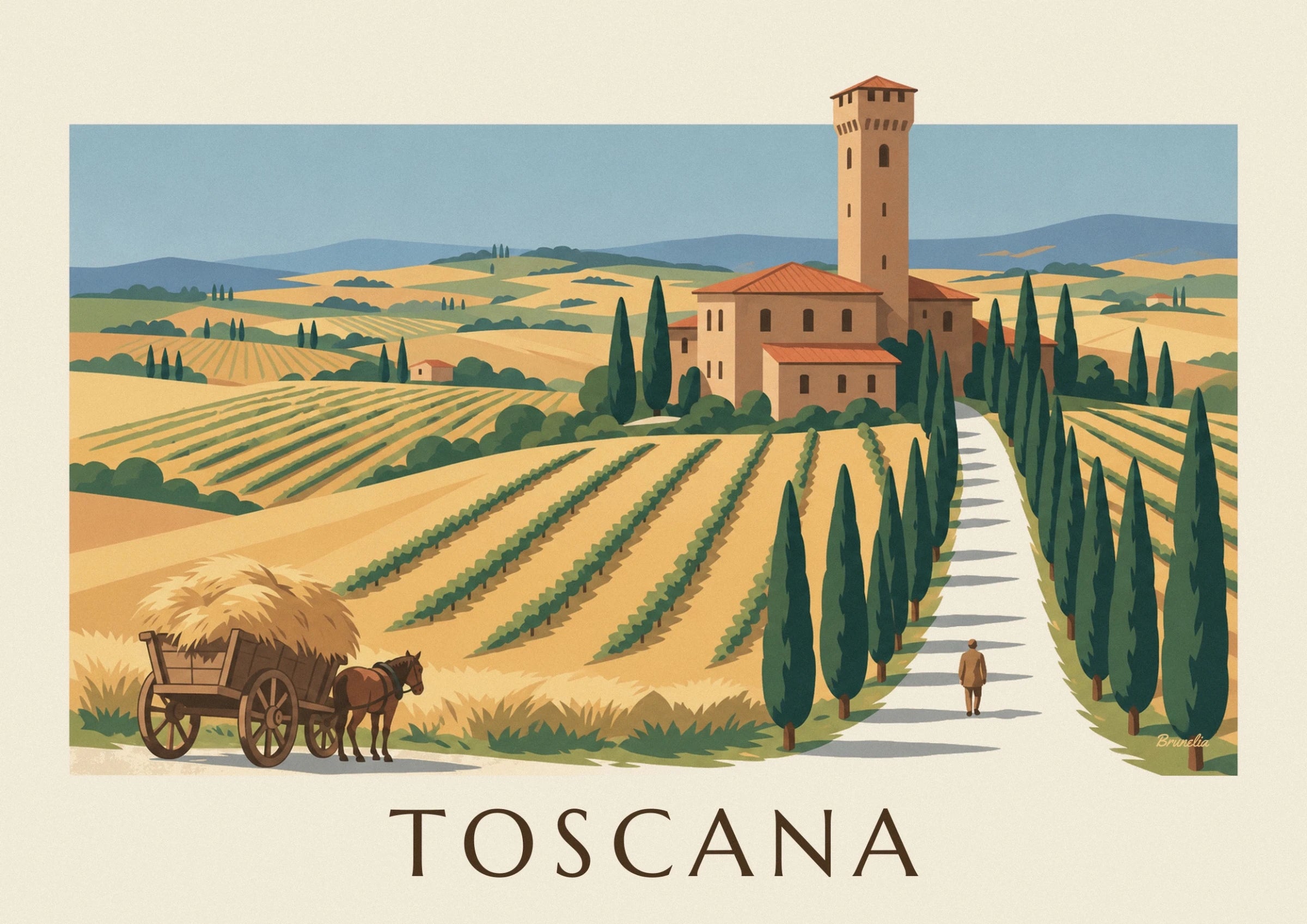 The Tuscan villa with orange tiled roofs and its tall ochre tower