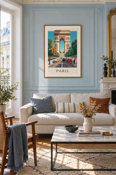 Affiche Arc de triomphe en noir et blanc depuis les Champs-Élysées : encadrée au mur