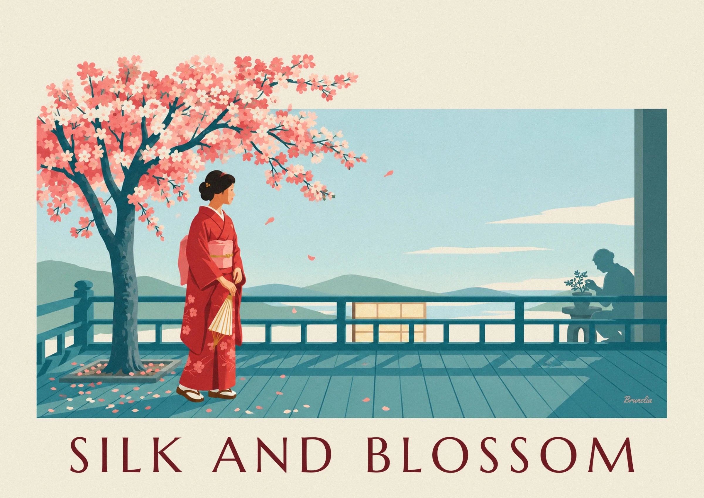 La femme en kimono rouge fleuri, son éventail à la main, sous les fleurs de cerisier