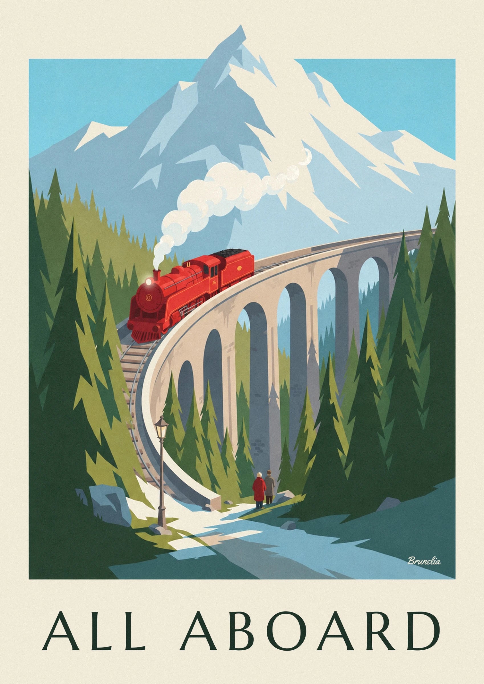 La locomotive rouge et son tender chargé de charbon sur le viaduc de pierre