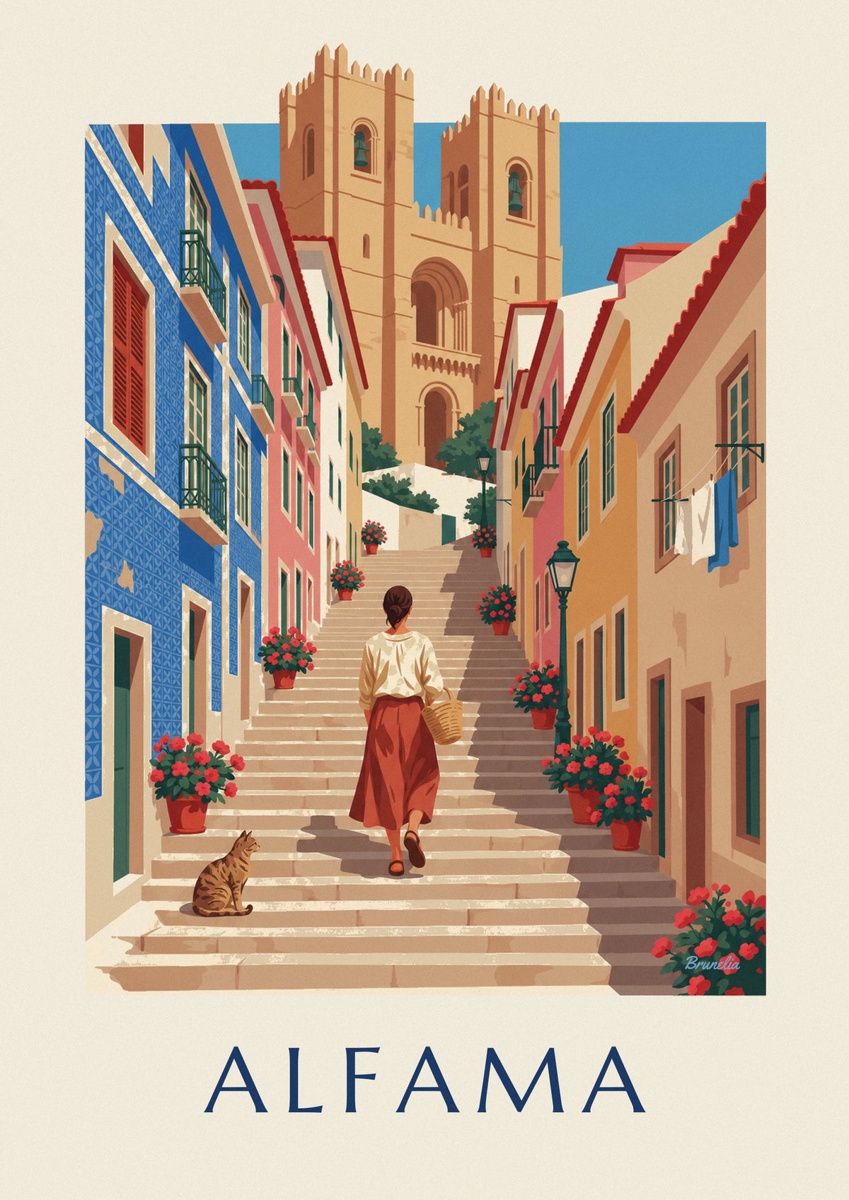 Flower-lined Alfama staircase and Lisbon Cathedral poster
