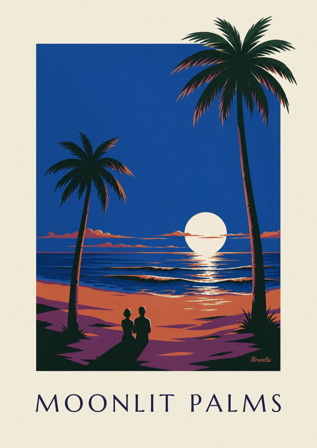 Affiche palmiers sous la pleine lune au bord de l'océan