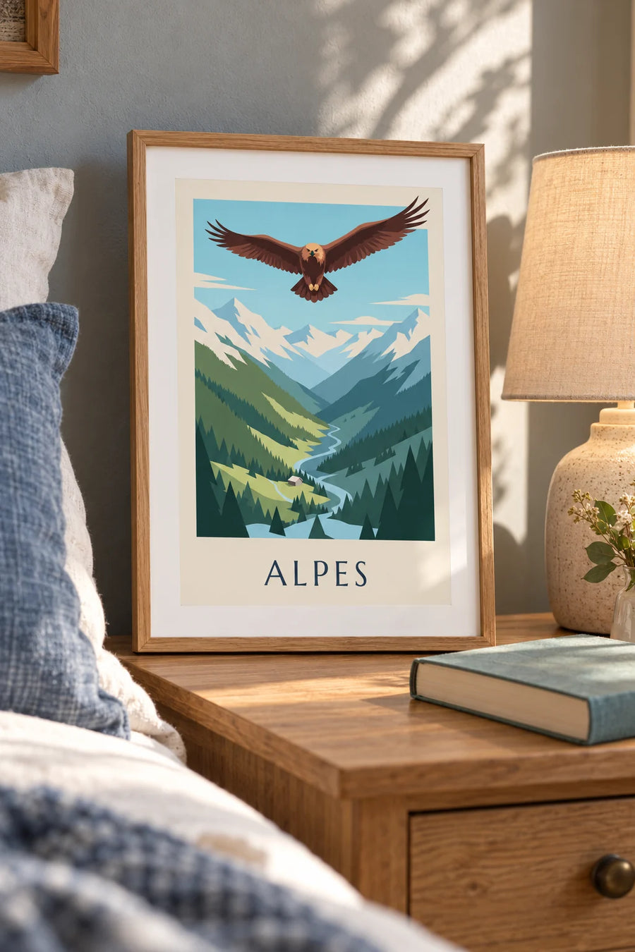 Plakat orzeł przedni nad doliną w Alpach: mały format A4 w ramie