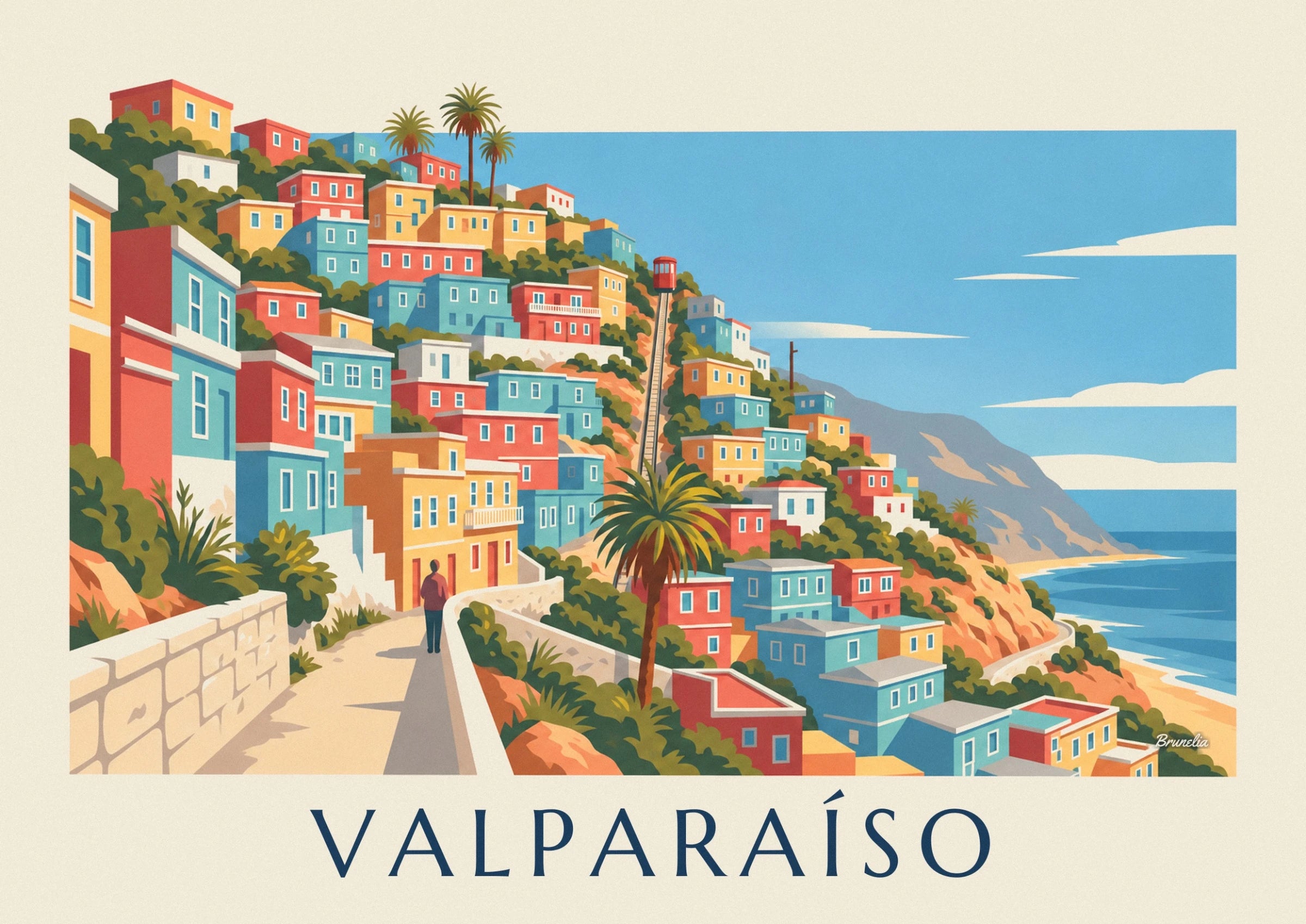 The red funicular on its steep tracks, between the colourful houses of Valparaíso