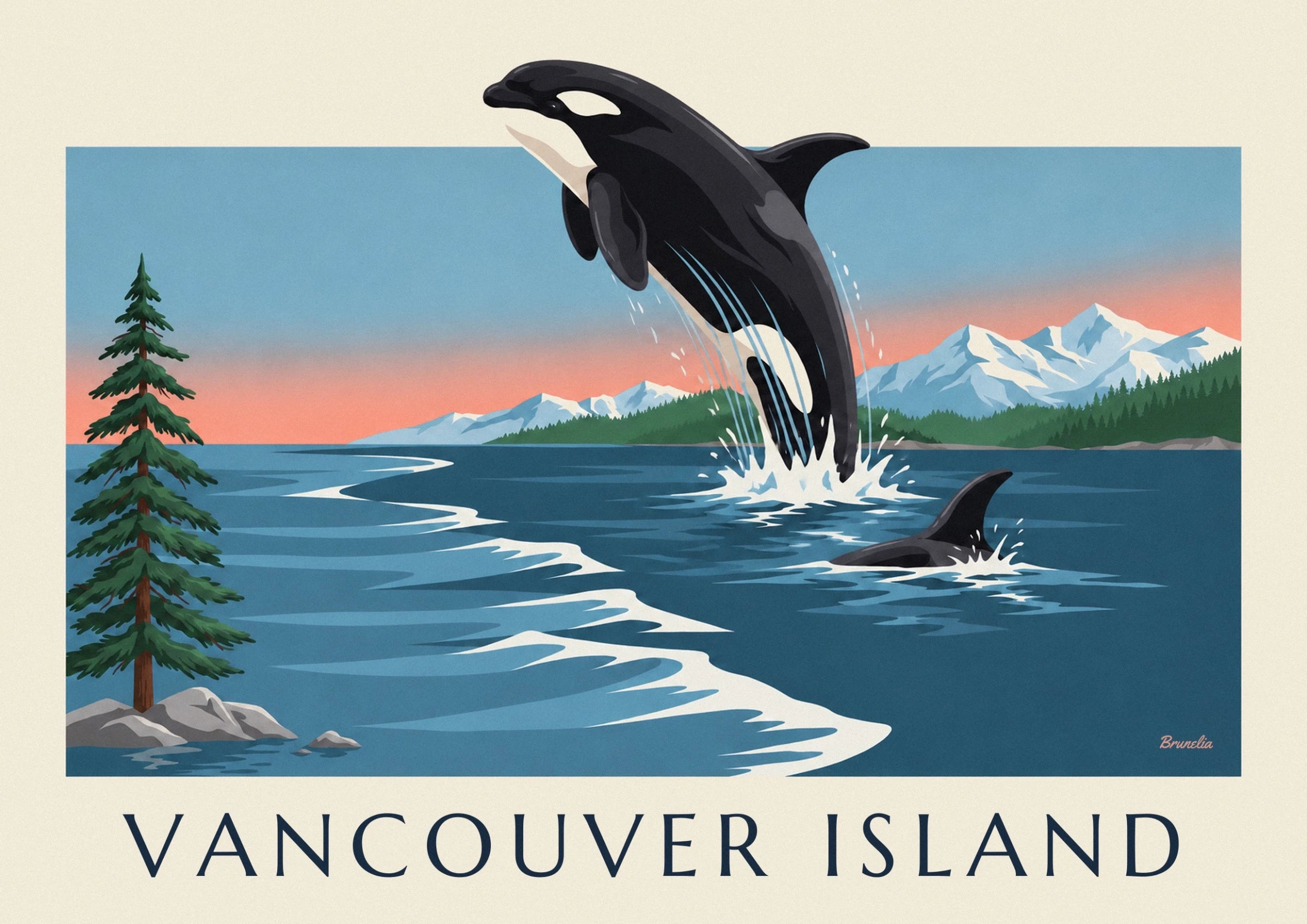 An orca leaping out of the water against snowy mountains and a pink sky