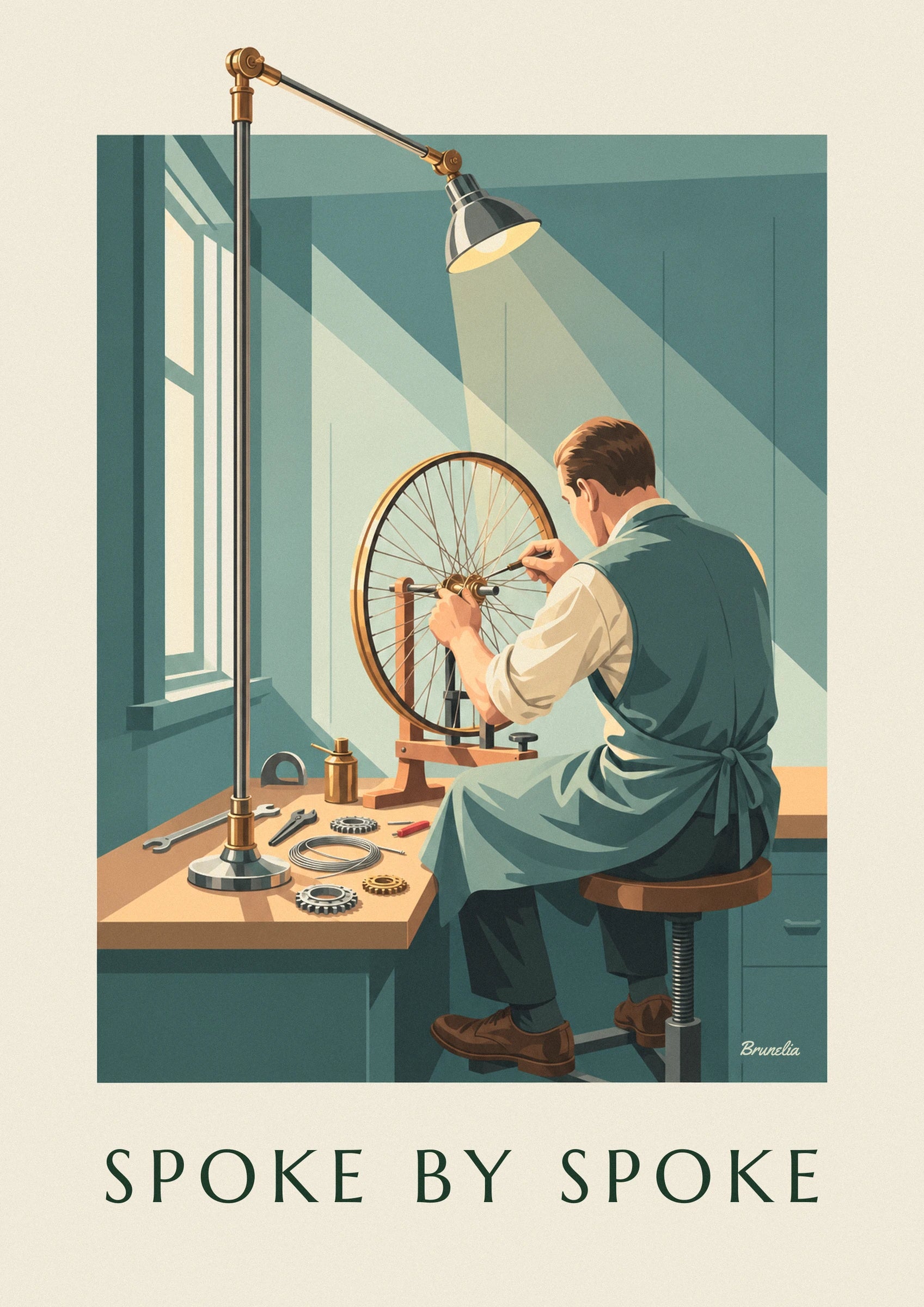 L’artisan de dos, en tablier vert et chemise crème, ajustant les rayons d’une roue