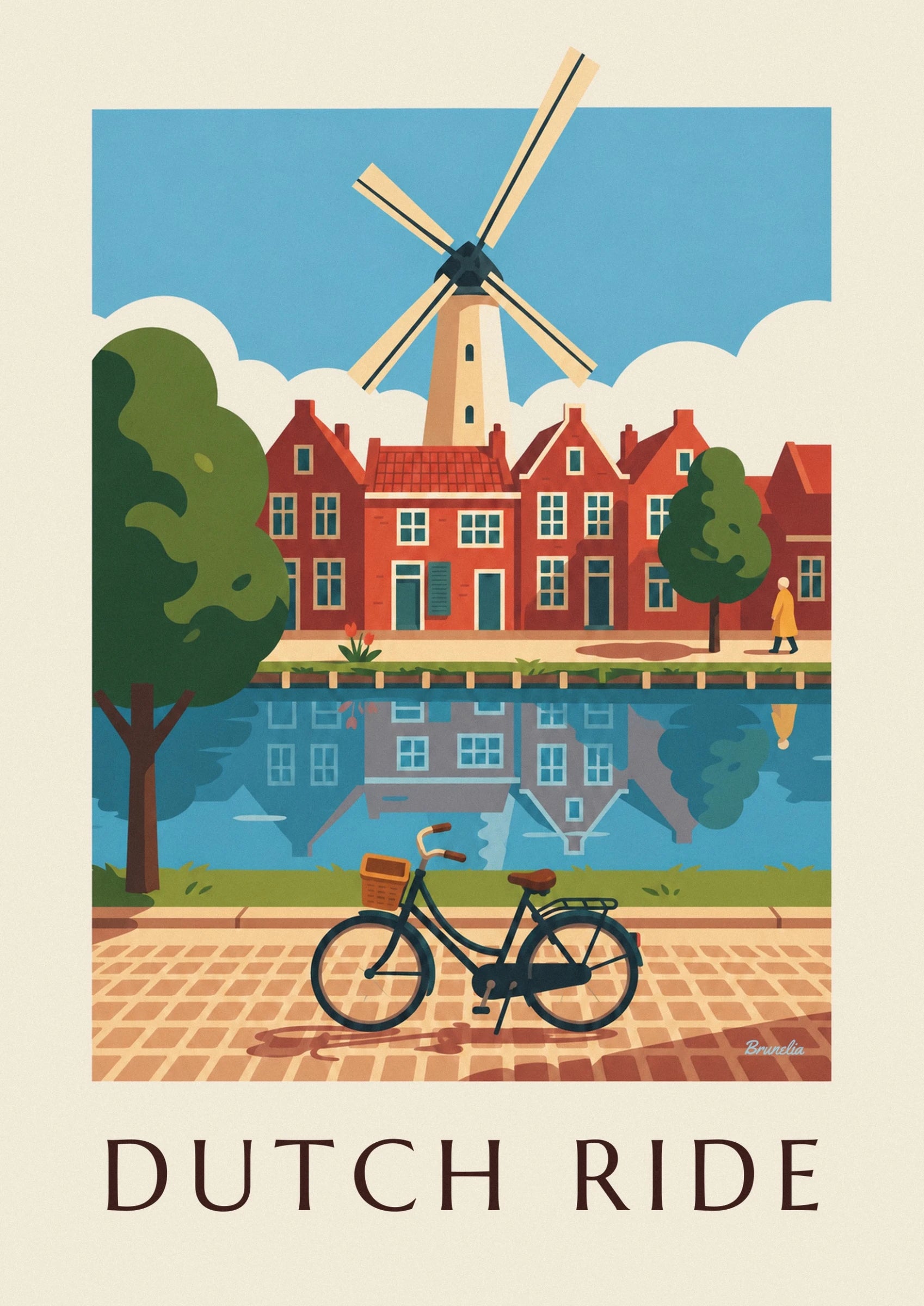 Le vélo hollandais noir avec son panier brun, au bord du canal et des pavés