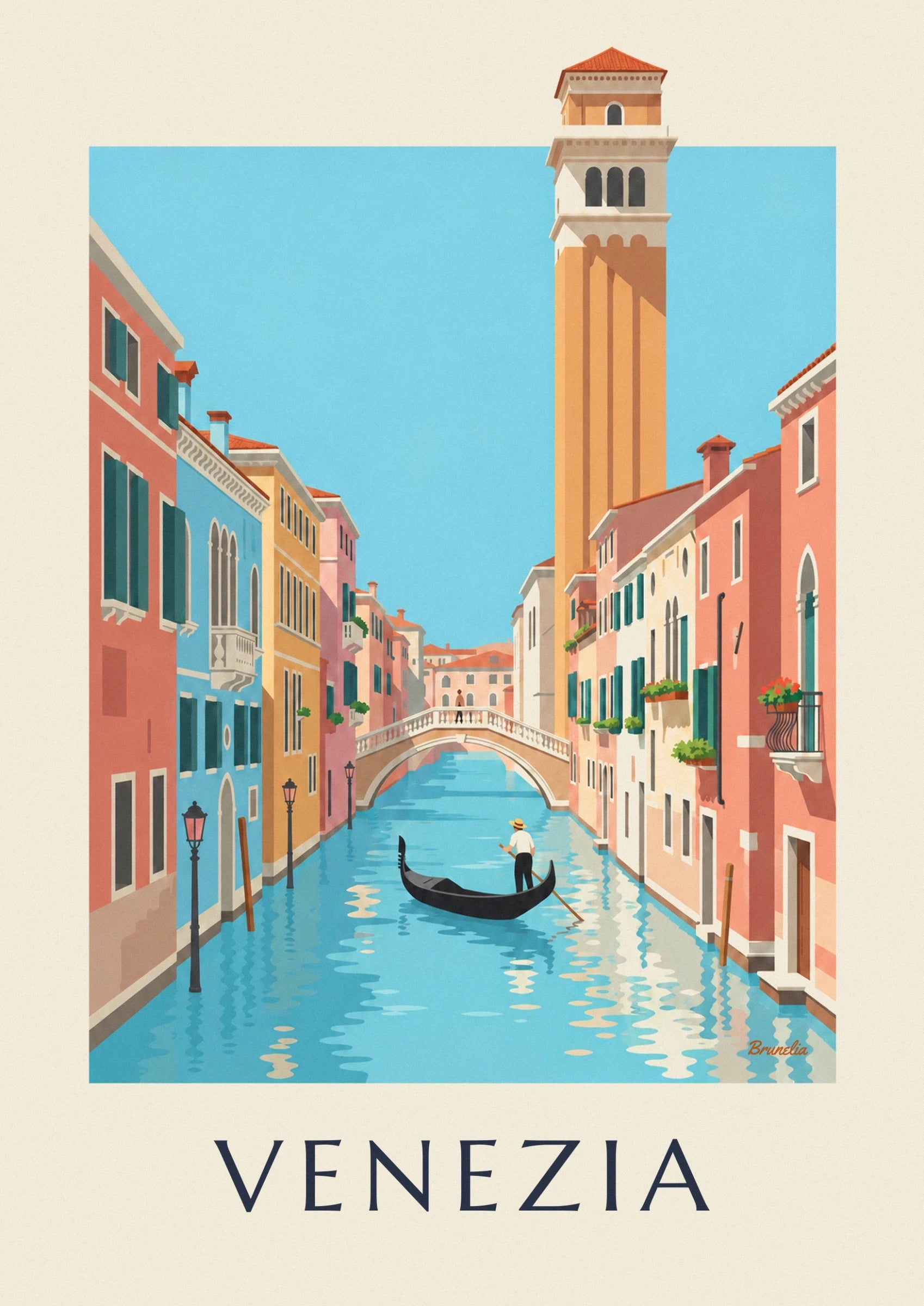 The gondolier in a white shirt and straw hat, on his black gondola