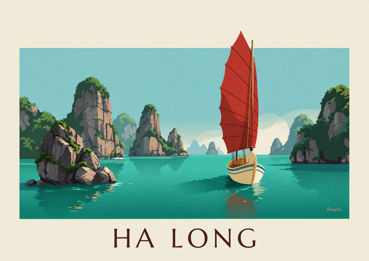 Affiche jonque aux voiles rouges dans la baie d'Ha Long