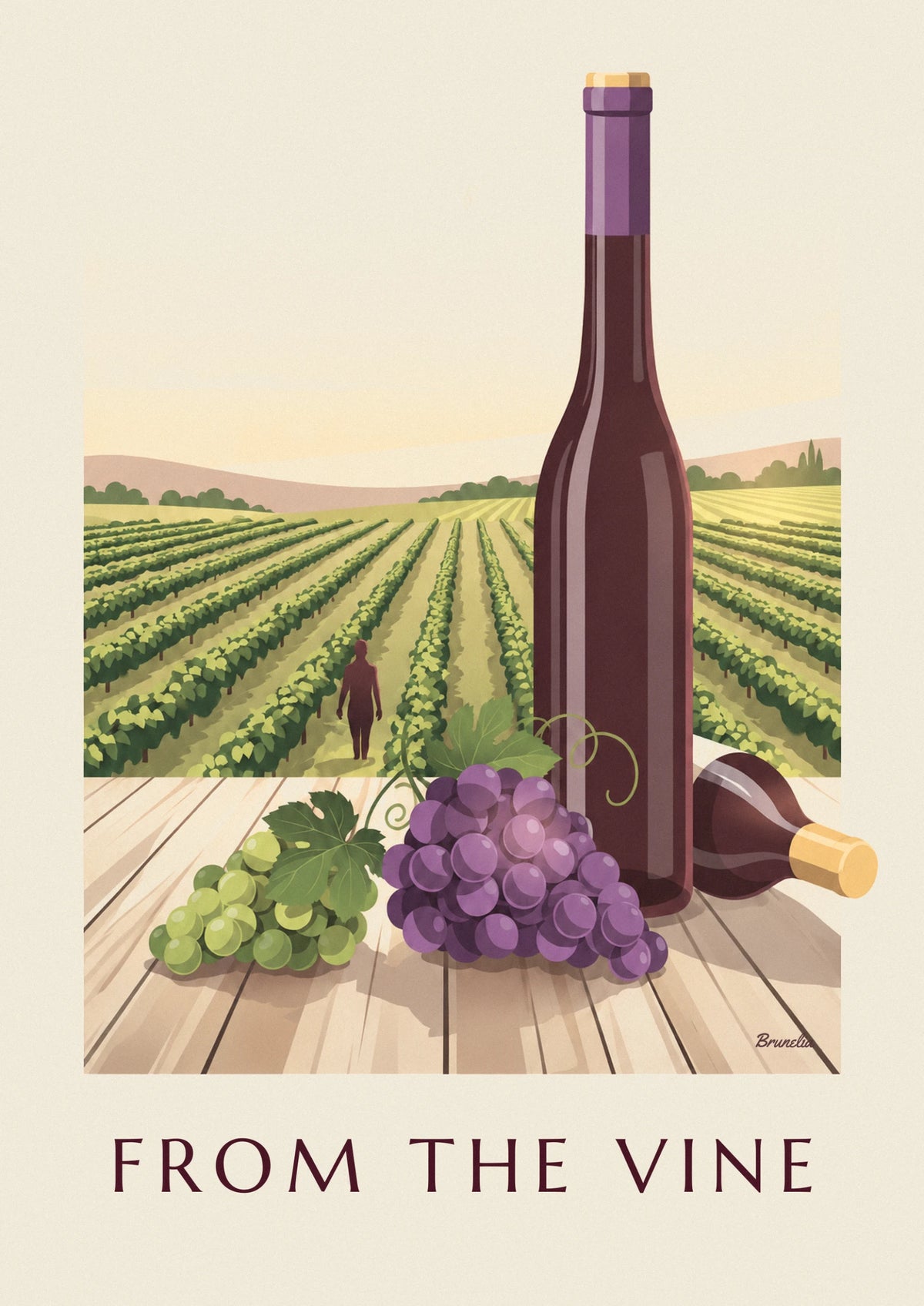 Grapes and French wine bottles poster