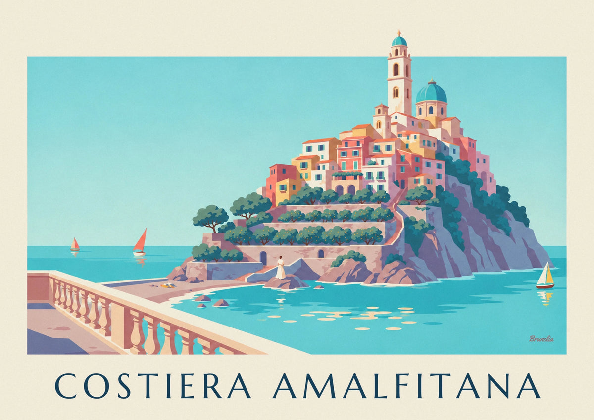 Amalfi Coast colorful houses and turquoise bay poster