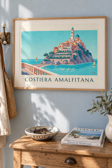 Affiche côte amalfitaine, maisons colorées et baie turquoise : encadrée au mur
