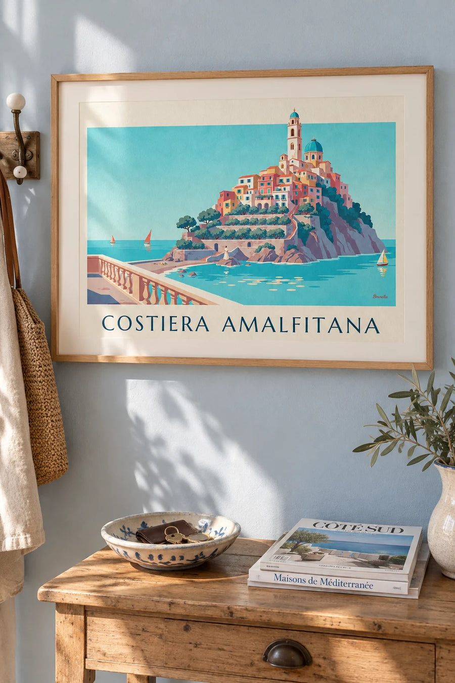 Poster of the Amalfi Coast, colorful houses and a turquoise bay: framed on the wall