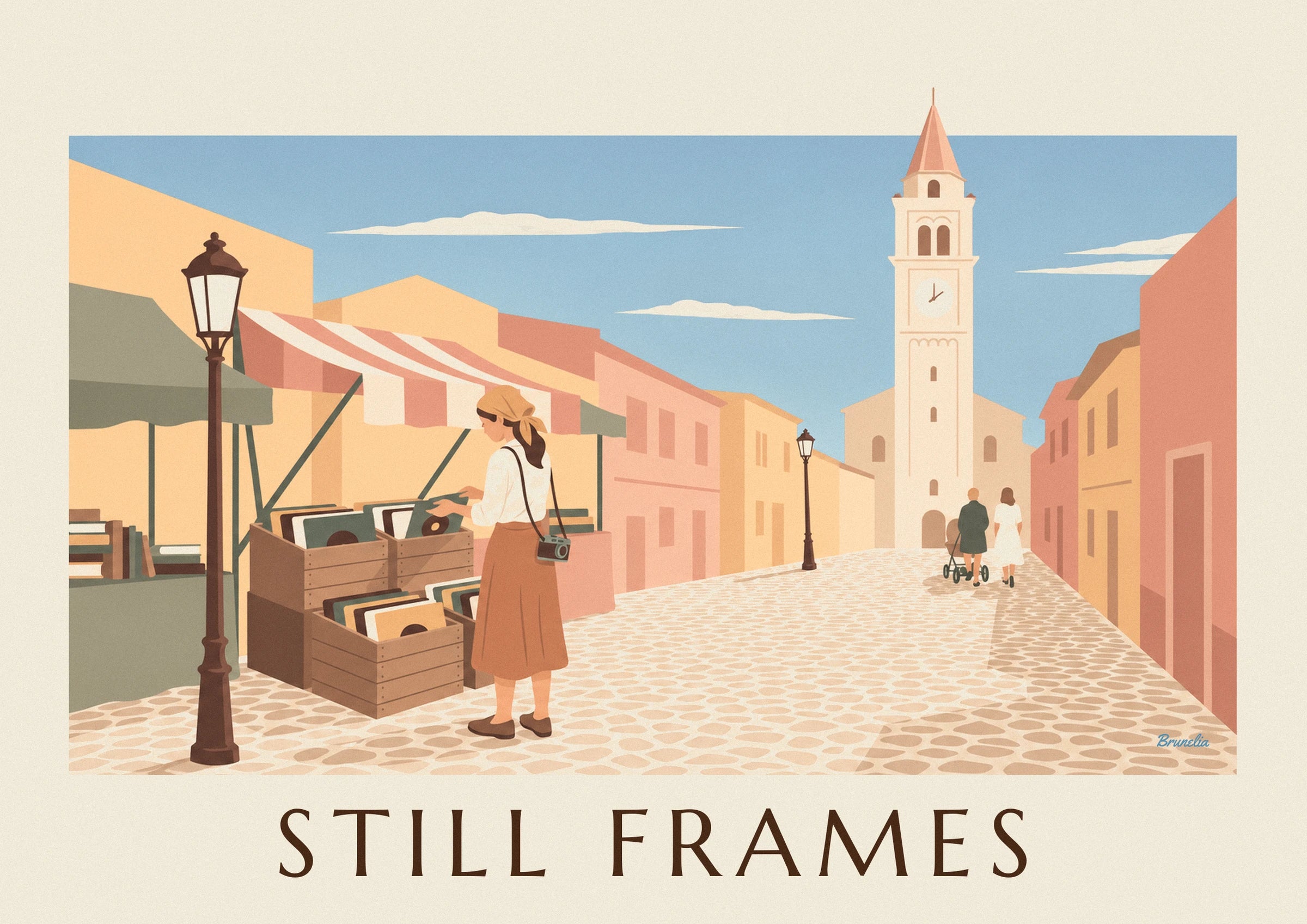 The young woman with an ochre scarf, her camera and the crates of vinyl records