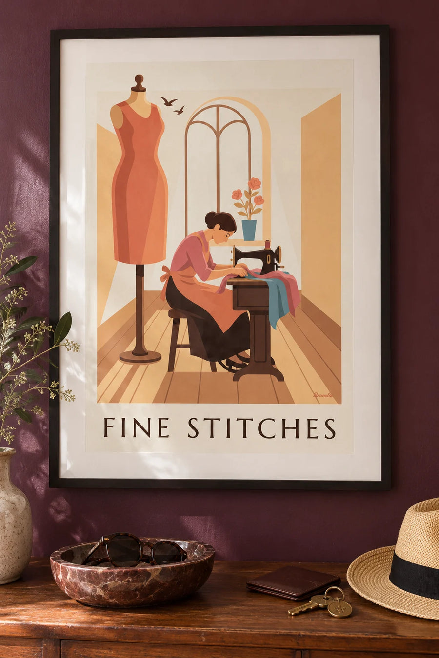Affiche couturière à la machine à coudre à pédale et mannequin : encadrée au mur