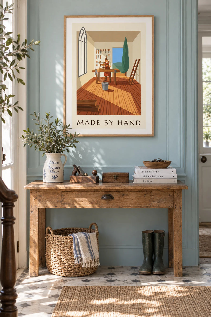 Affiche atelier d'artisan avec établi, seau et outils : encadrée au mur