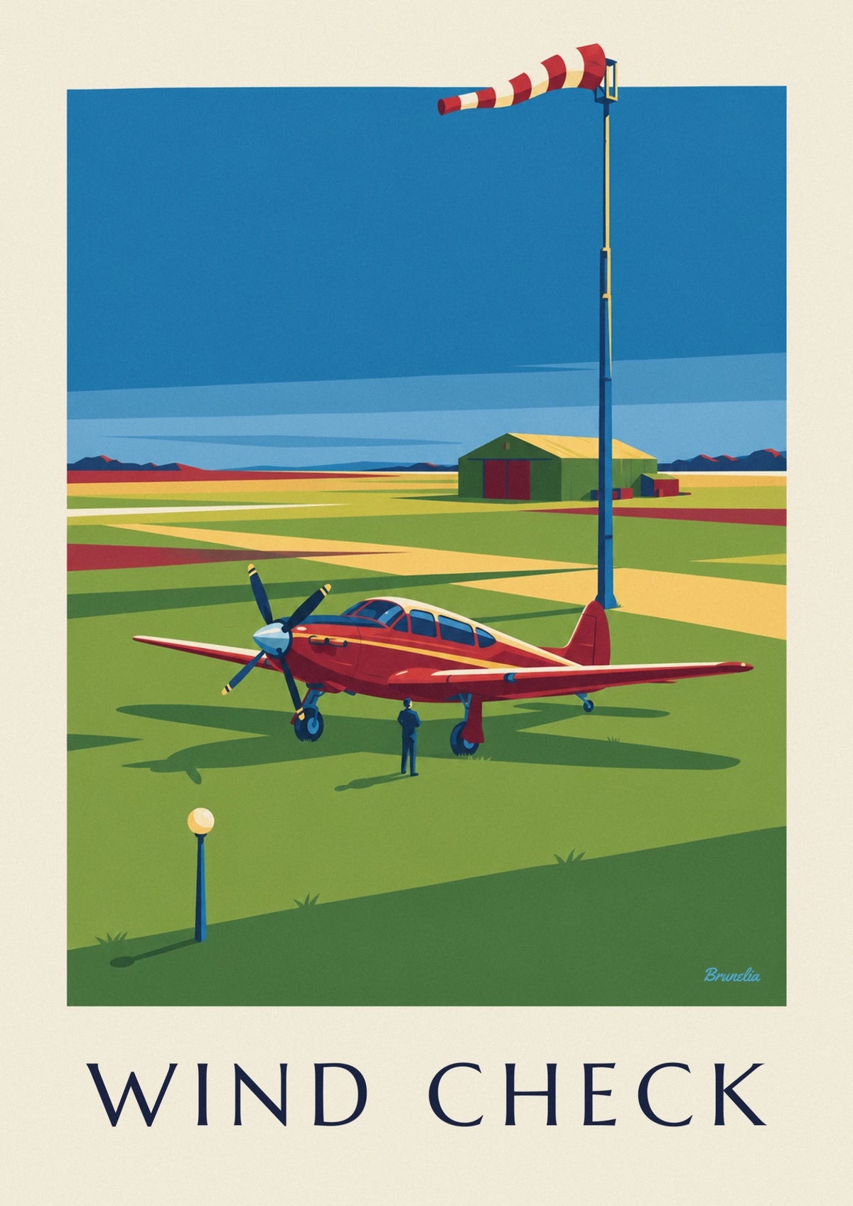 Affiche manche à air et avion sur un aérodrome