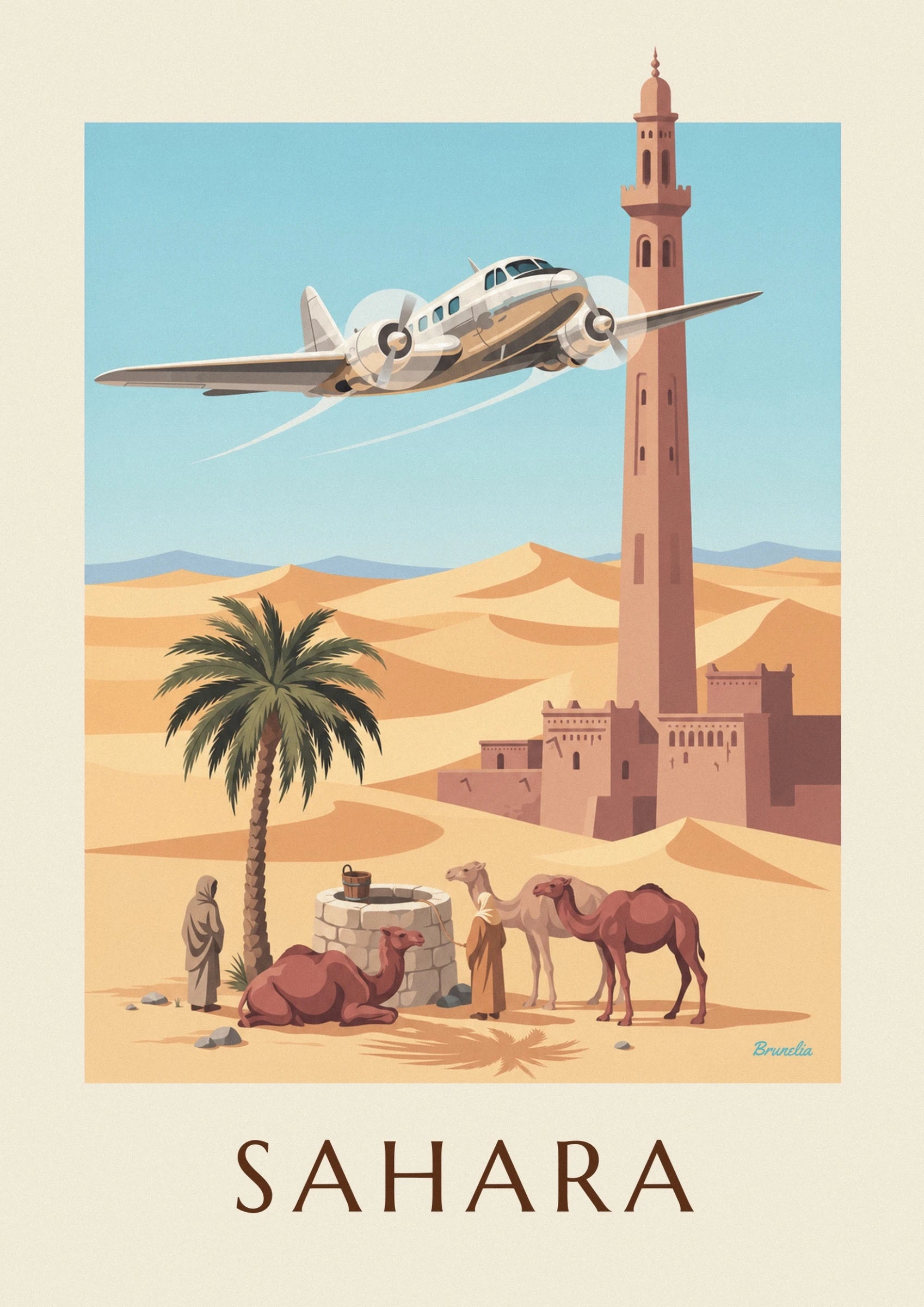L’avion argenté au-dessus des dunes, entre un palmier et une haute tour ocre