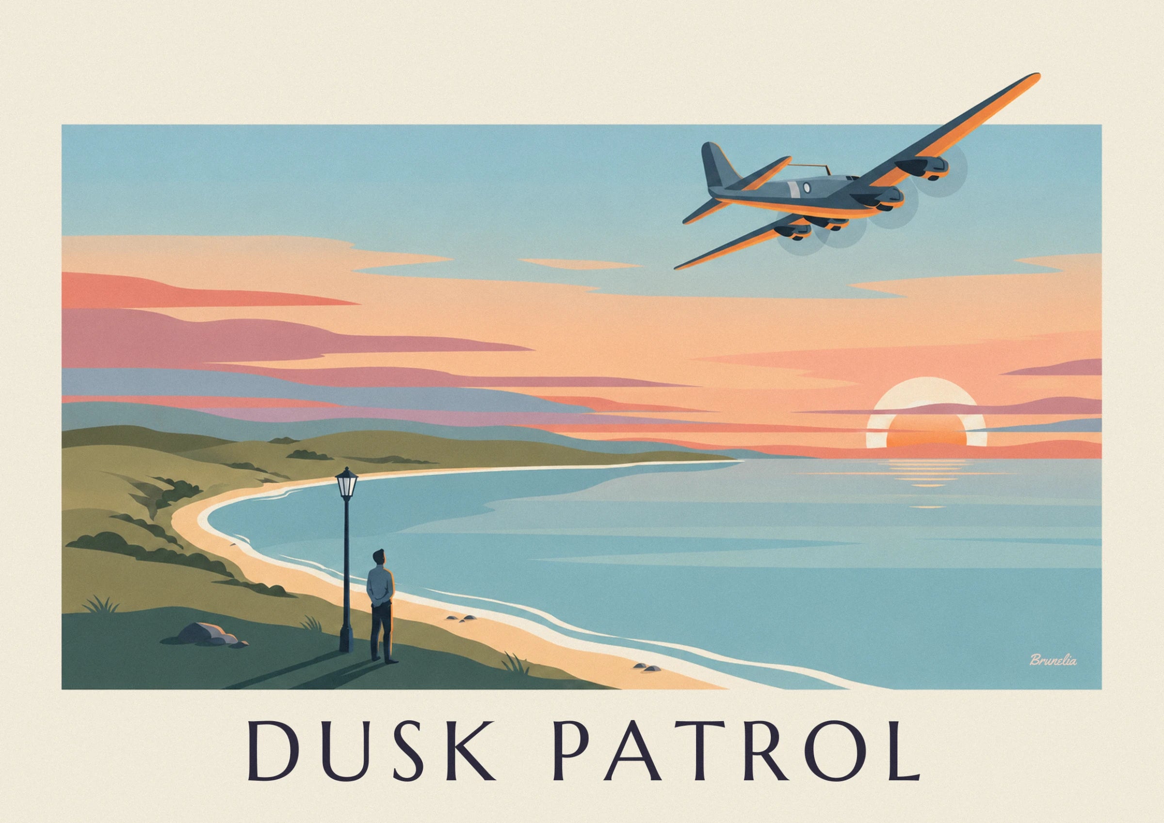 The grey and orange bomber, its engines and propellers in the pale blue sky