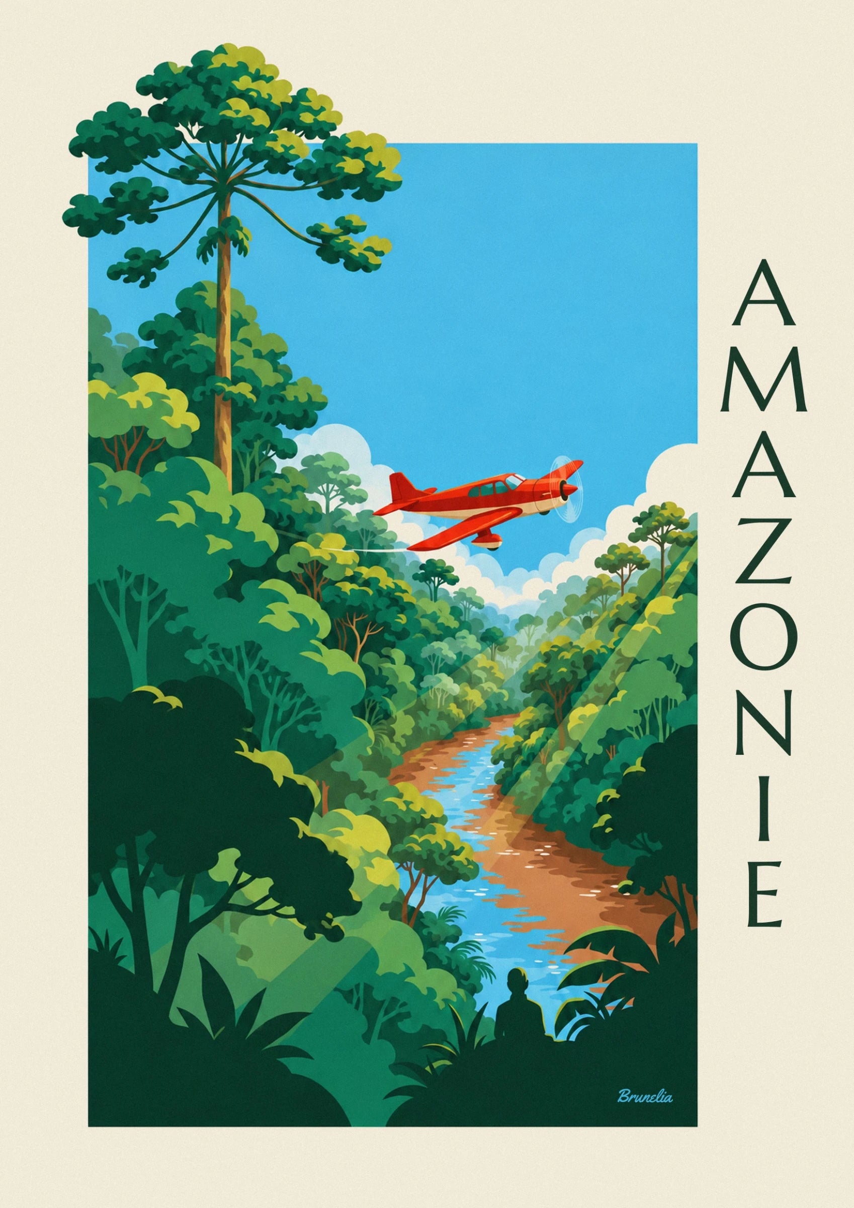 L'avion rouge à hélice dans le ciel bleu, au-dessus des nuages et de la canopée