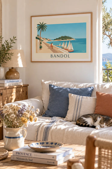 Poster of Bendor Island facing the port of Bandol: framed on the wall