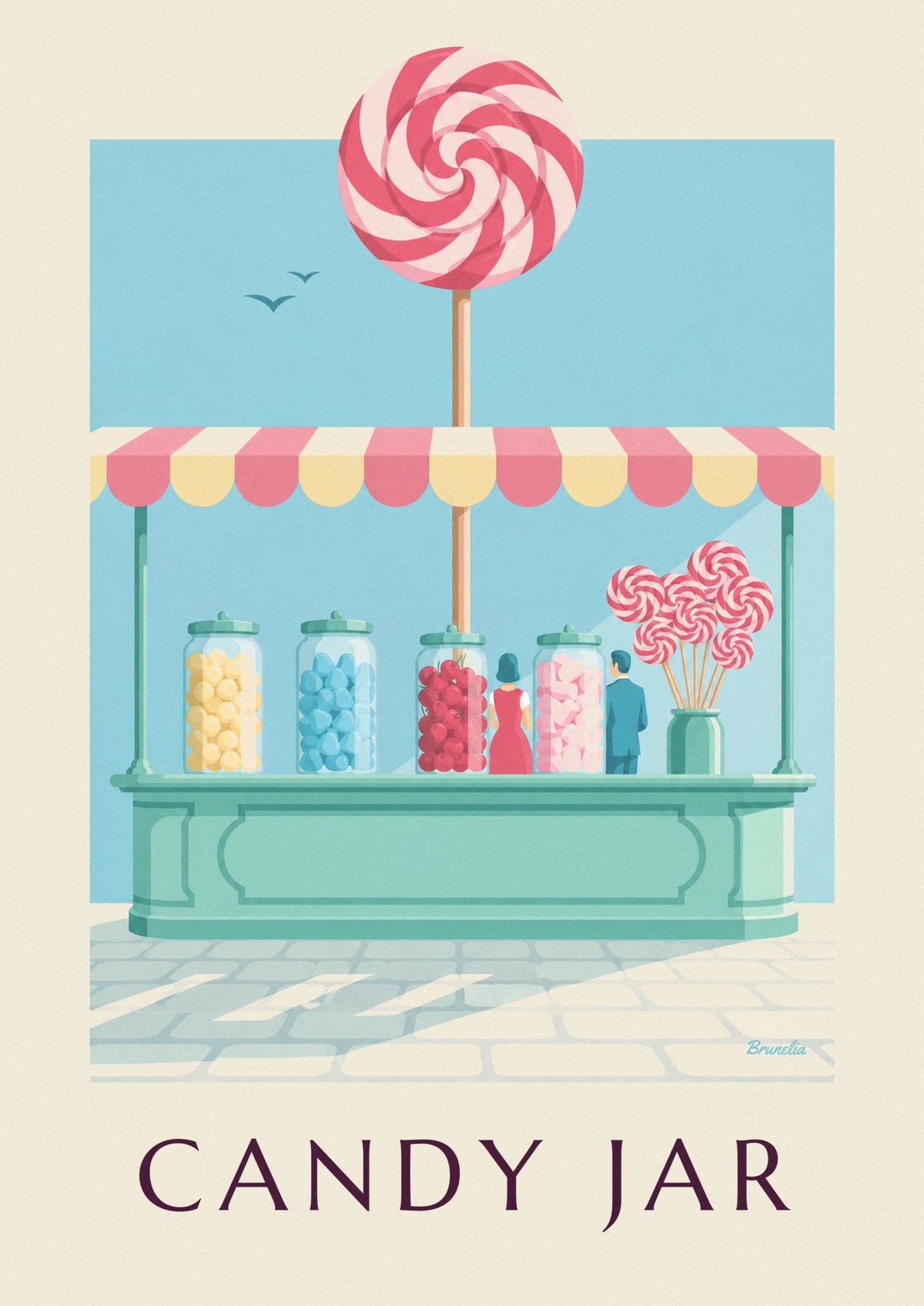 Affiche sucettes et bocaux de bonbons dans une confiserie