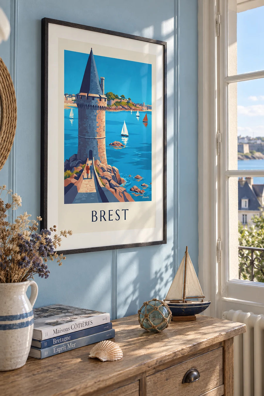 Poster of the Tour Tanguy and sailboats on the Penfeld in Brest: framed on the wall