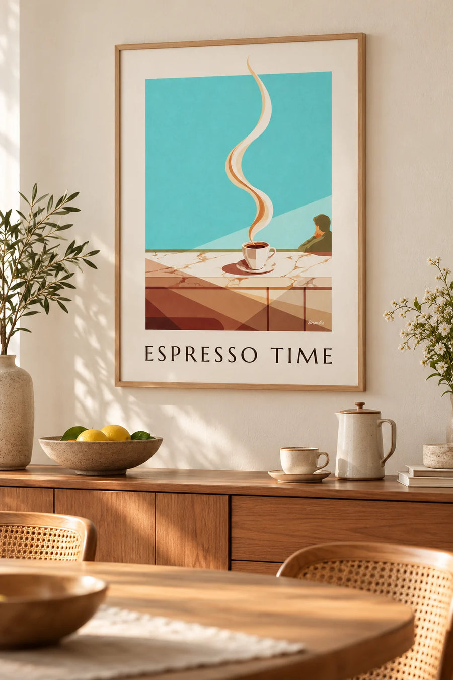 Plakat parująca filiżanka espresso na marmurowym blacie: w ramie na ścianie