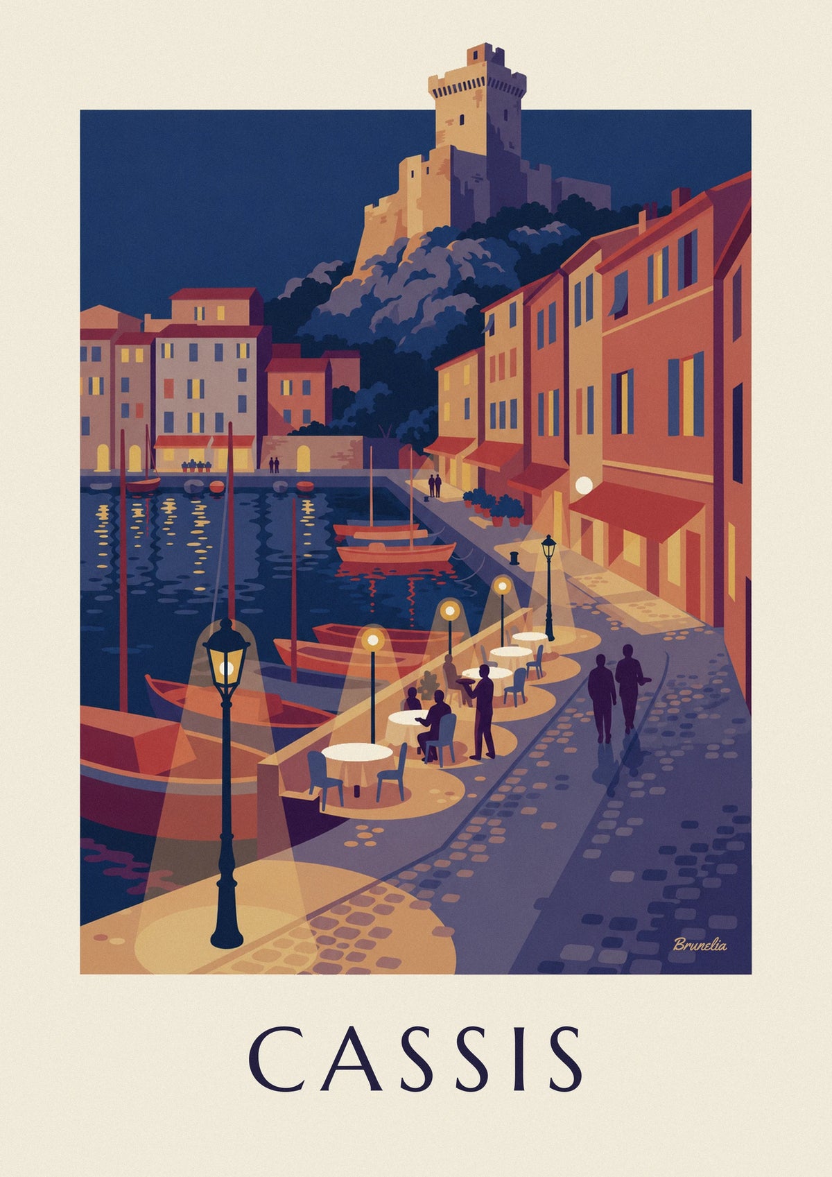 Evening café terrace on the Cassis quay and its castle poster