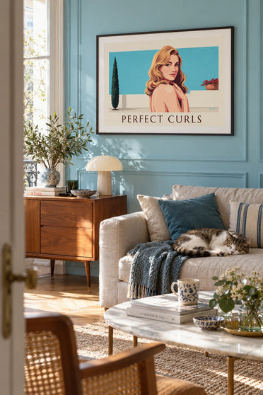 Glamorous pin-up with long wavy hair poster: framed on the wall