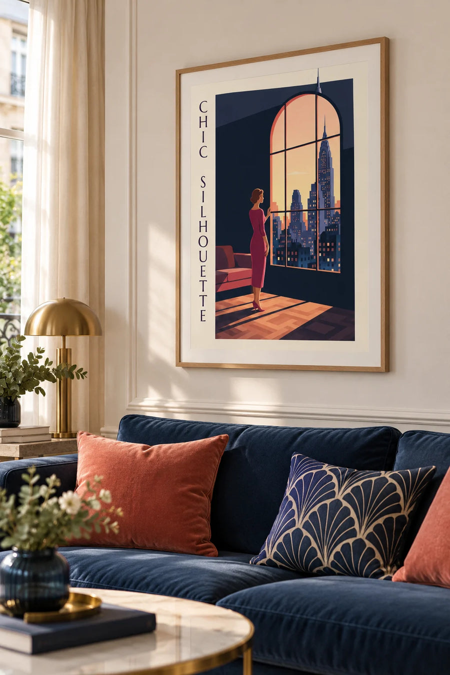 Affiche silhouette de femme chic en robe fourreau : encadrée au mur