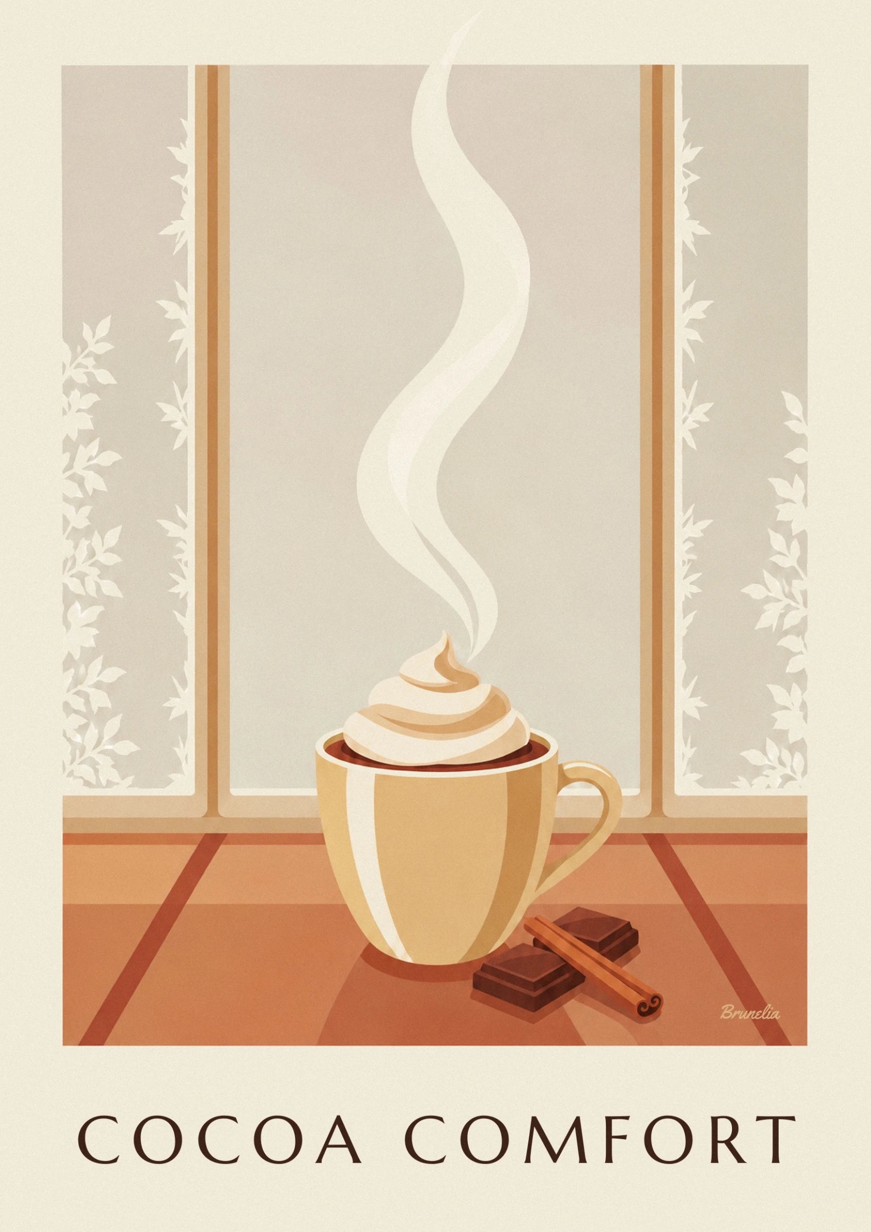 Une tasse dorée de chocolat chaud coiffée de chantilly, avec chocolat et cannelle